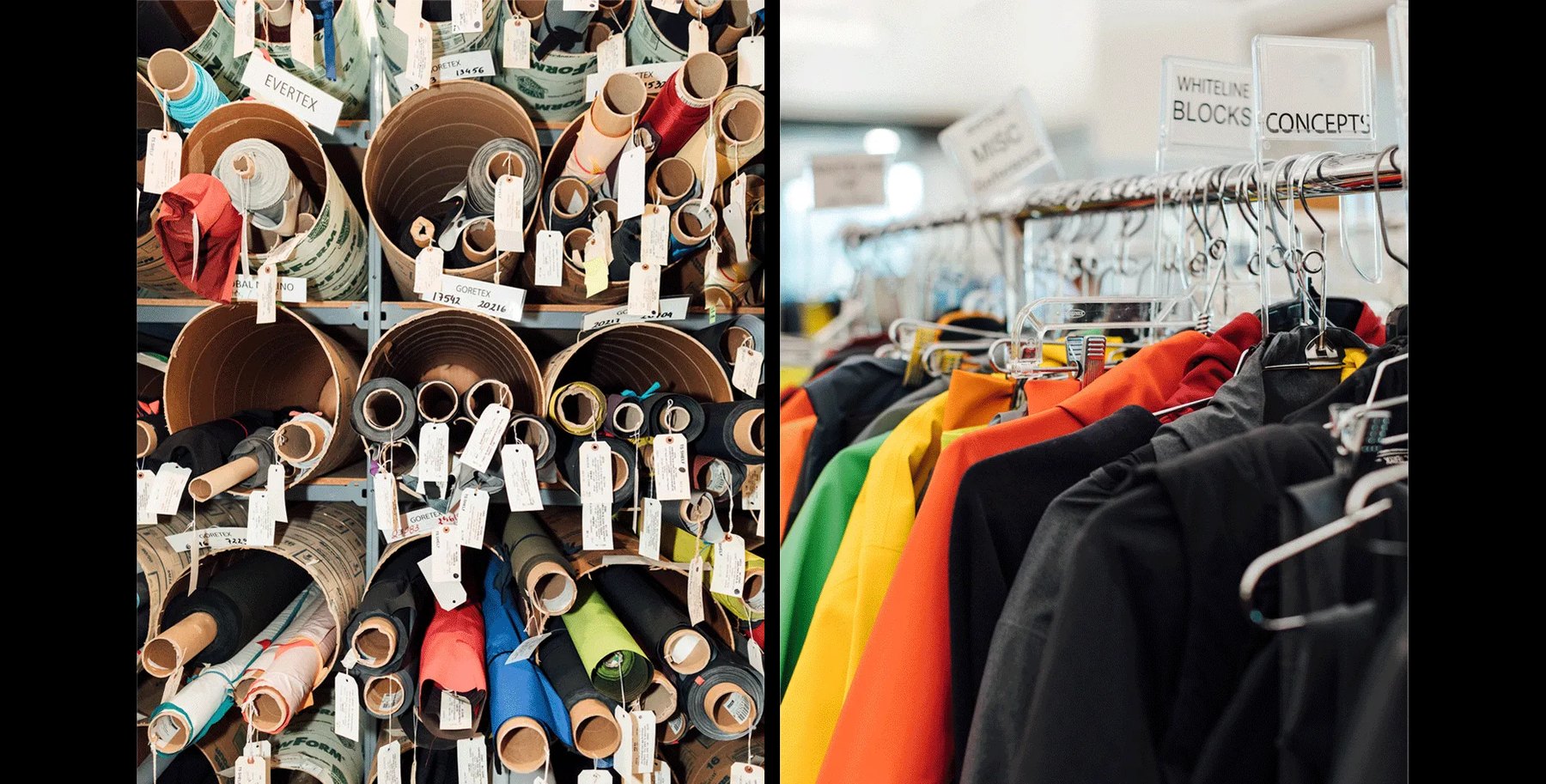 Material rolls and sample garment racks for waterproof breathable outerwear OEM development