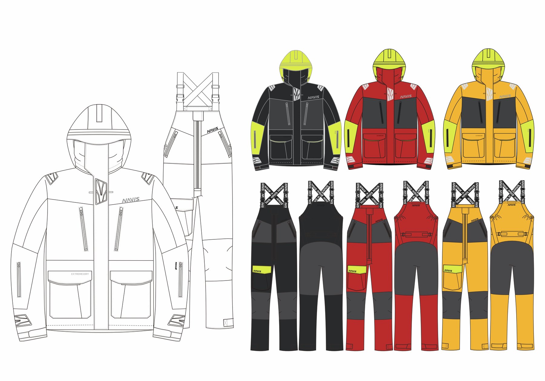 OEM sailing jacket and bib pants technical design sheet for custom outerwear development